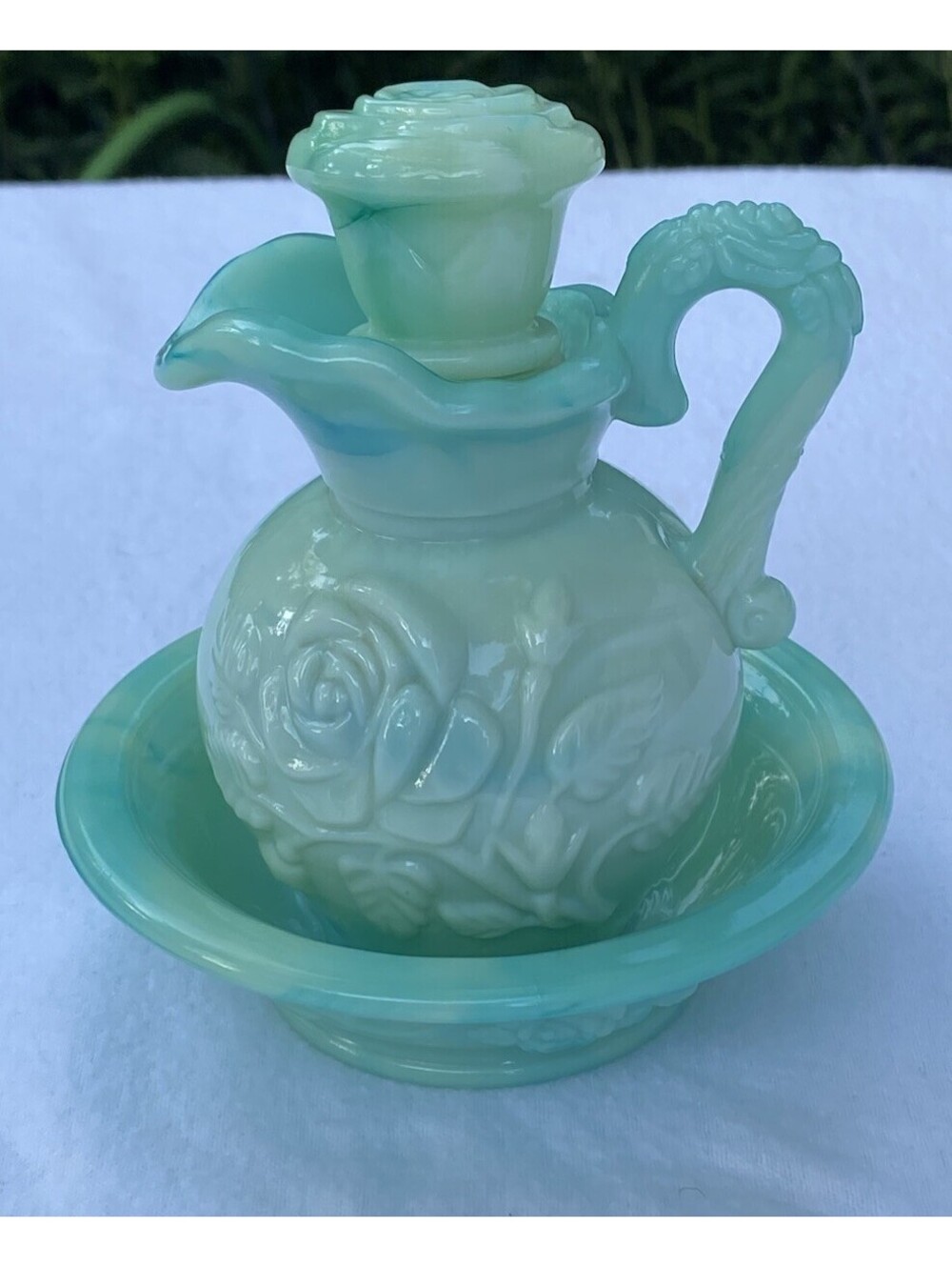 Vintage Avon Jadeite Green Swirl Milk Glass Rose Mini Bowl and Pitcher Set 1976